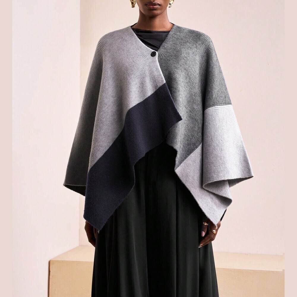 Gray Colorblock Ribbed Knit Single Button Poncho Cape